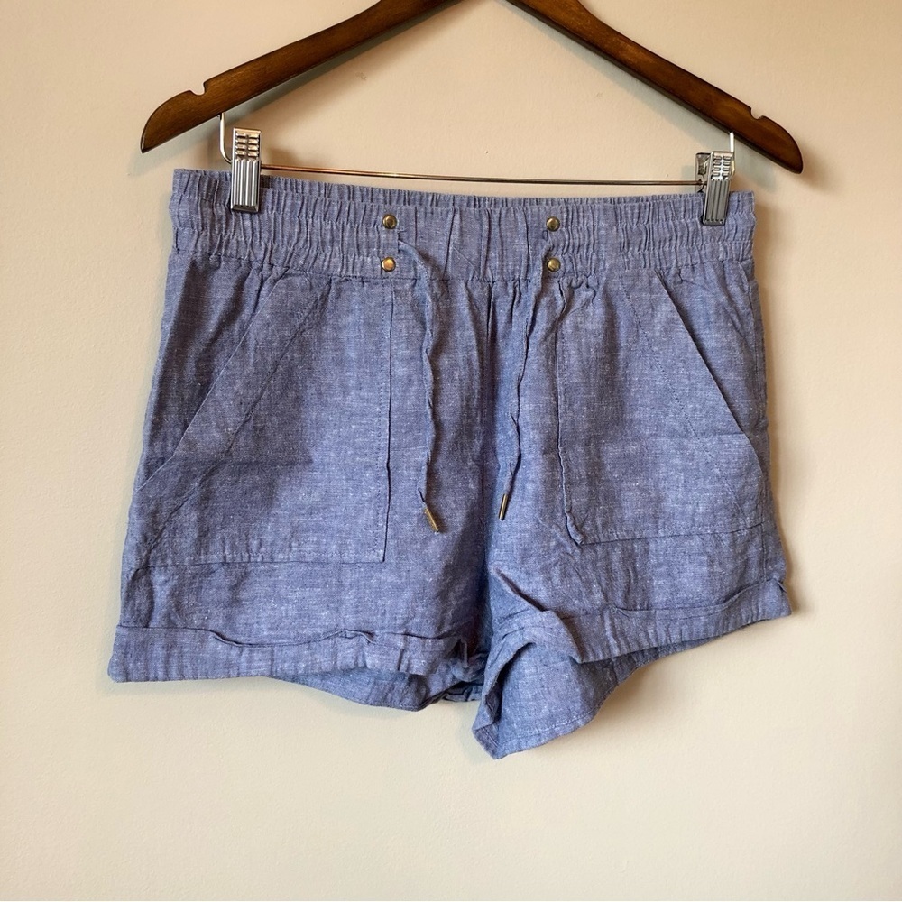 Guess Linen High Rise Tie Waist Relaxed Denim Short Mini Shorts Blue